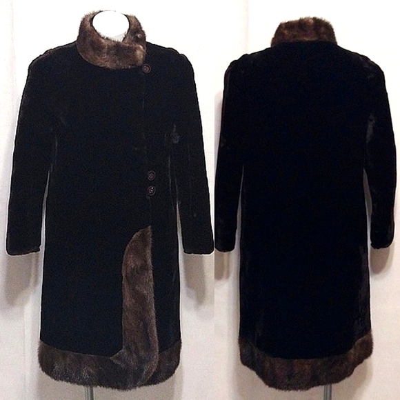 AEM Hurtig LTD Furriers Alysha Seal Dyed Lamb Fur Long Coat Fox Fur Trim MobWife - Picture 1 of 16